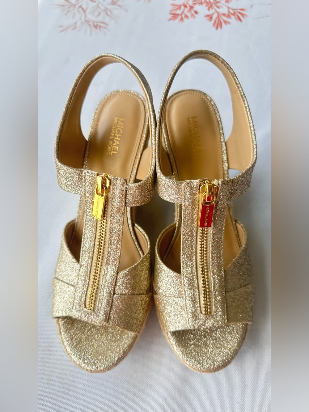 Michael Kors glitter espadrille wedge sandals with gold zipper detail. Size 7.5